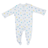 A closed feet romper with a blue. turquoise and yellow raindrop design