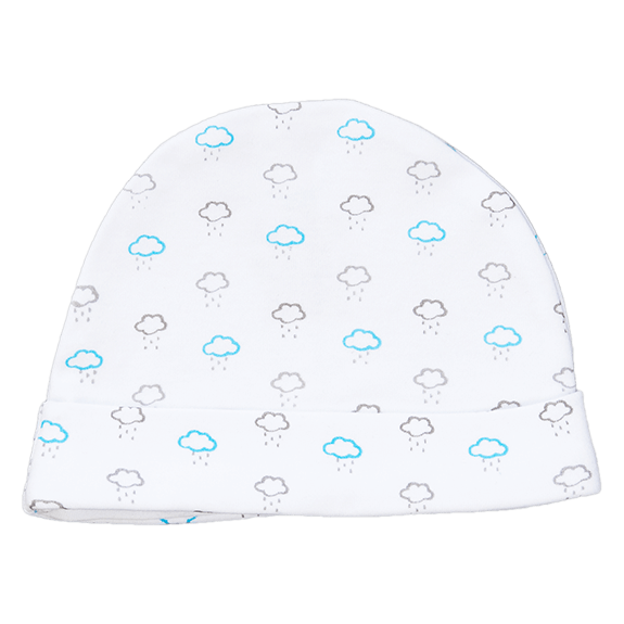 A baby hat with blue and grey clouds with raindrops