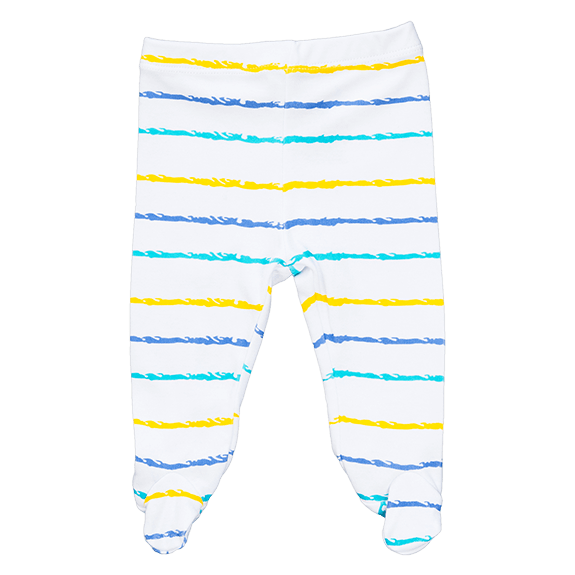 A closed feet pant with blue, turquoise and yellow stripes